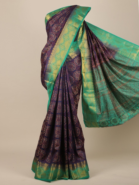 

Pothys Navy Blue & Sea Green Ethnic Motifs Jute Silk Saree