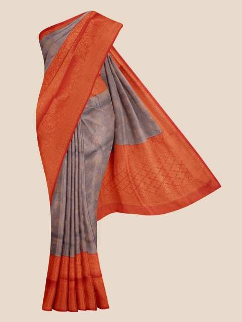 

Kalamandir Grey & Red Ethnic Motifs Zari Silk Blend Banarasi Saree
