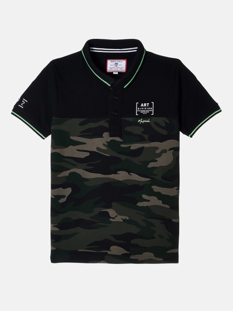 

Monte Carlo Boys Olive Green & Black Camouflage Printed Polo Collar T-shirt