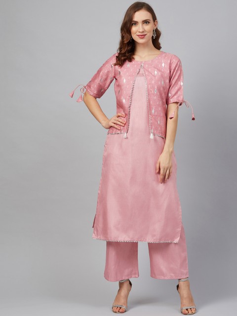 

ZIYAA Women Pink Khari Printed Jacket Layered Art Silk A-line Kurta