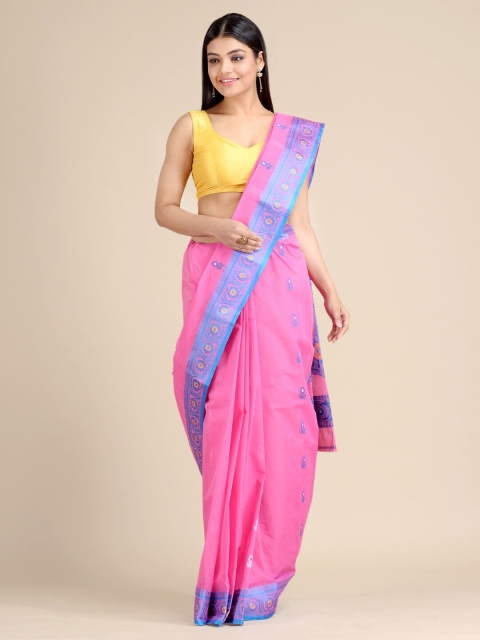 

Mitera Pink & Blue Hand Woven Pure Cotton Taant Saree