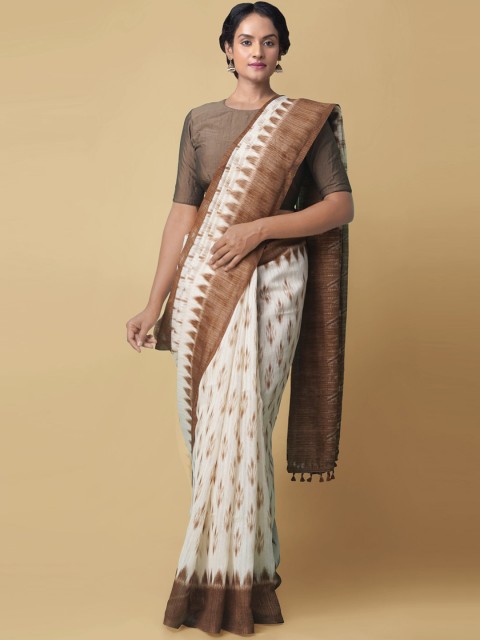 

Unnati Silks White & Brown Silk Blend Sambalpuri Saree