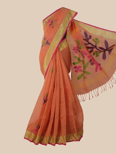 

Pothys Orange & Purple Floral Zari Linen Blend Saree