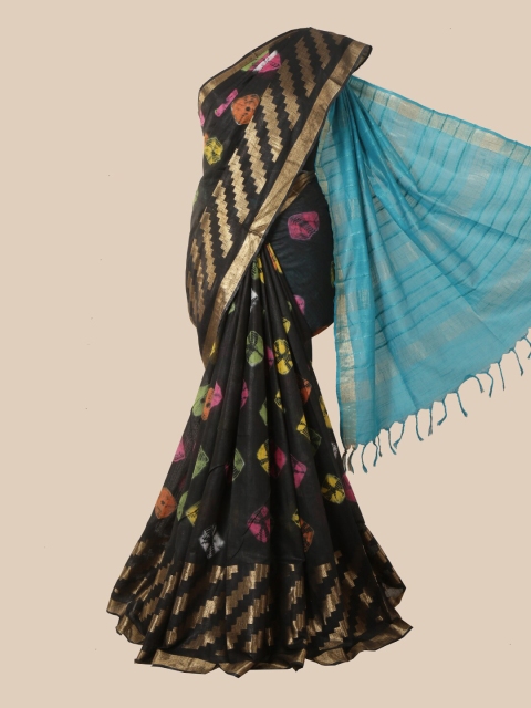 

Pothys Black & Turquoise Blue Bandhani Zari Jute Cotton Saree