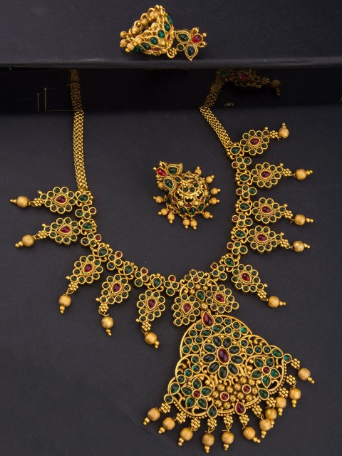 

Alankruthi Gold-Plated Pink & Green Stone-Studded Jewellery Set