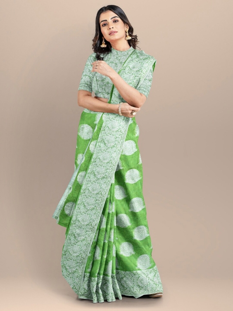 

BharatSthali Green & Silver-Toned Woven Design Silk Cotton Banarasi Handloom Saree