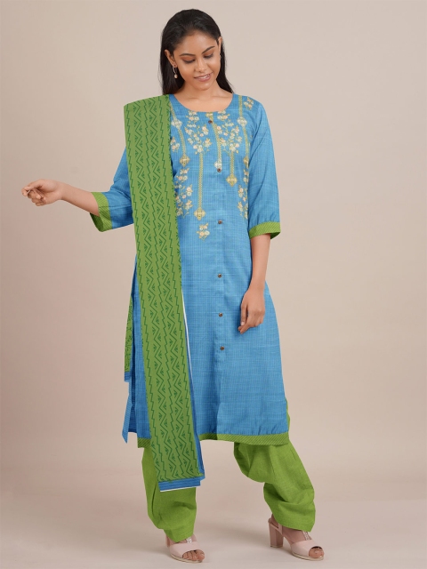 

Pothys Turquoise Blue & Green Embroidered Unstitched Dress Material
