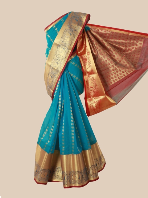

Pothys Turquoise Blue & Pink Floral Silk Cotton Saree