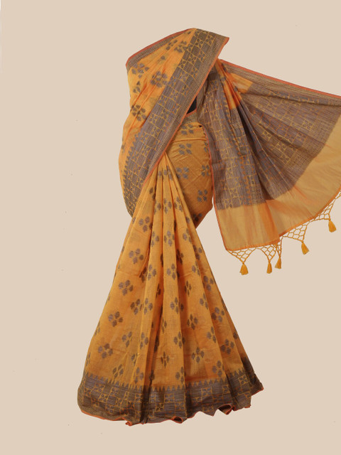 

Pothys Mustard & Grey Ethnic Motifs Cotton Blend Saree