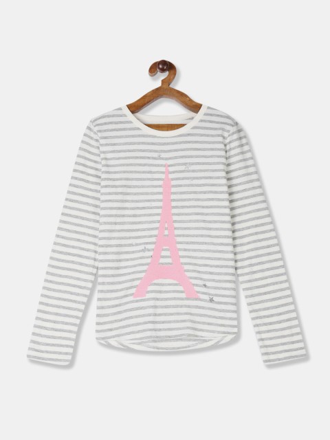 

GAP Girls White & Grey Striped Flipped Sequin Pure Cotton T-shirt