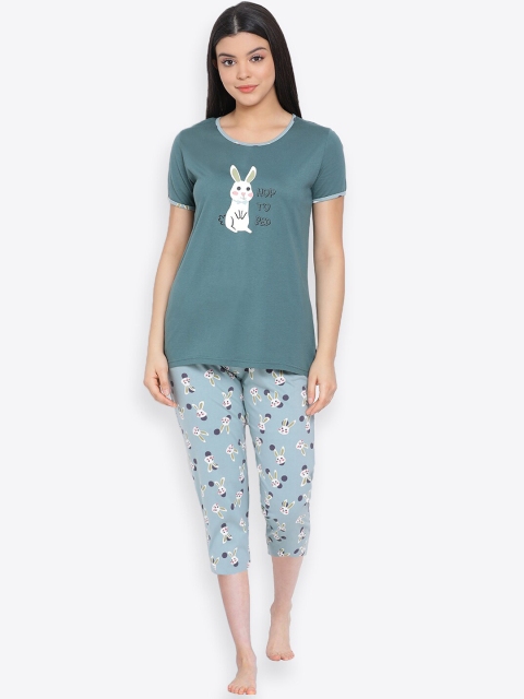 

Kanvin Women Teal Green & White Printed Cotton Night Suit