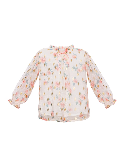 

Daffodils GIRLS WEAR Cream-Coloured & Peach-Coloured Floral Puff Sleeve Chiffon Regular Top
