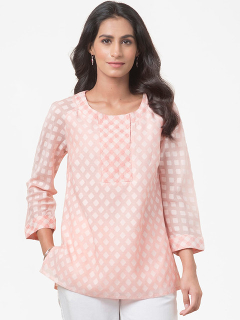 

Fabindia Peach-Coloured Geometric Printed Pure Cotton Kurti