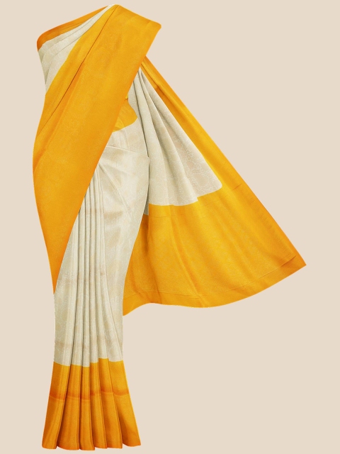 

Kalamandir Cream & Yellow Colourblocked Silk Blend Banarasi Saree