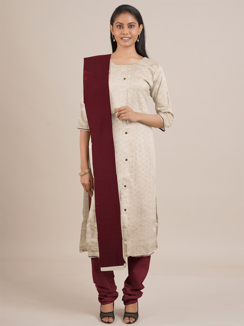 

Pothys Cream & Maroon Printed Unstitched Dress Material