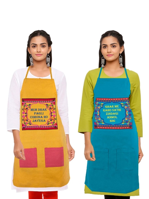 

Voylla Women Pack Of 2 Quirky Truck Art Printed Washable Aprons, Mustard