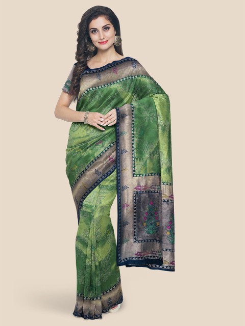 KLM Fashion Mall Green & Navy Blue Floral Zari Silk Blend Banarasi Saree