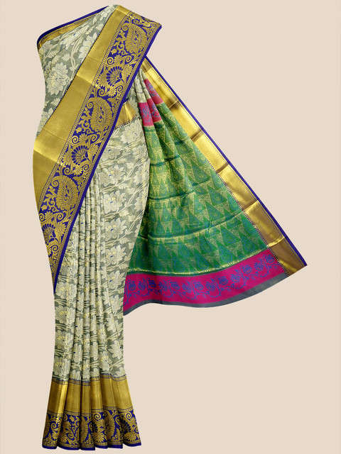 

Kalamandir Green & Blue Floral Zari Silk Blend Kanjeevaram Saree