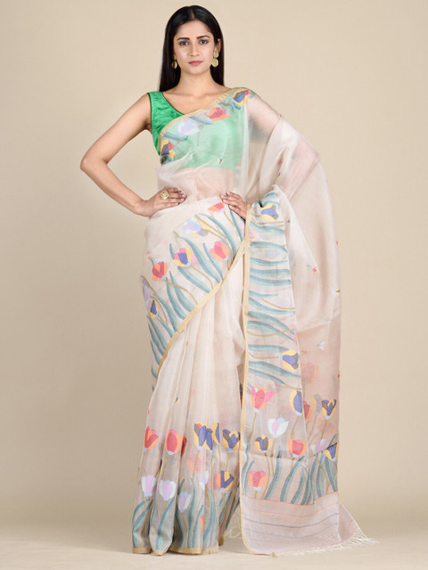 

Mitera Cream & Green Floral Pure Silk Jamdani Saree