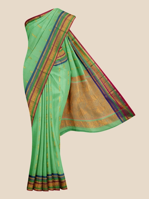 

Kalamandir Sea Green & Gold-Toned Striped Zari Silk Blend Venkatgiri Saree
