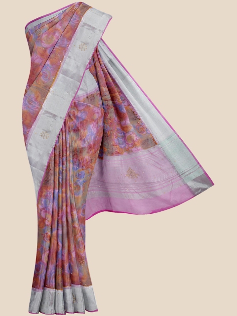 

Kalamandir Purple & Pink Floral Zari Silk Blend Banarasi Saree