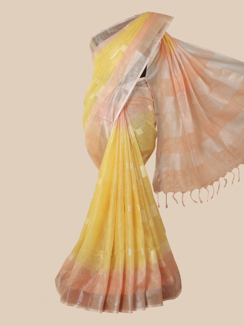 

Pothys Yellow & Peach-Coloured Zari Linen Blend Saree