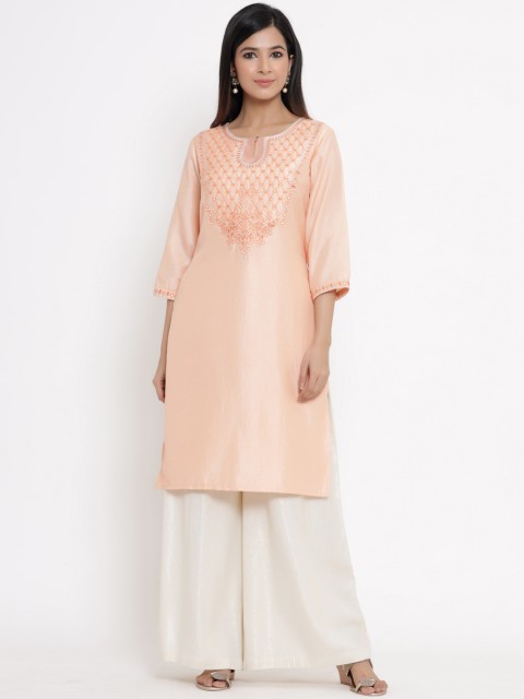 

Juniper Women Peach & Silver Coloured Ethnic Motifs Embroidered Thread Work Pastels Kurta