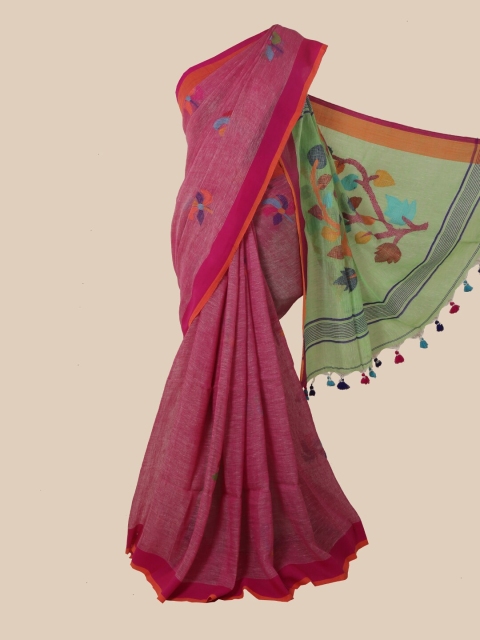 

Pothys Pink & Green Floral Linen Blend Saree