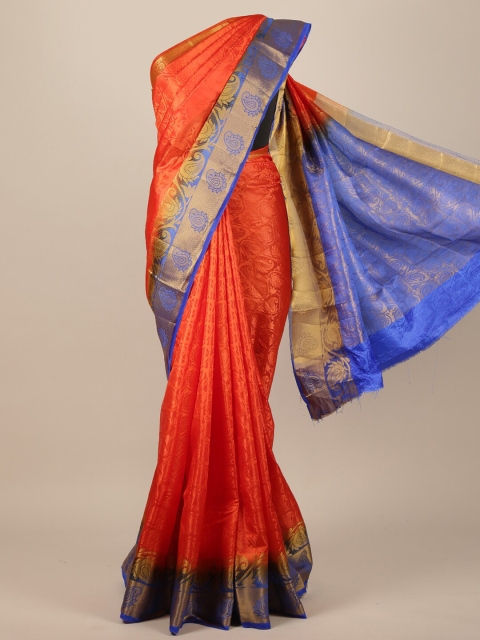 

Pothys Orange & Blue Woven Design Zari Jute Silk Saree