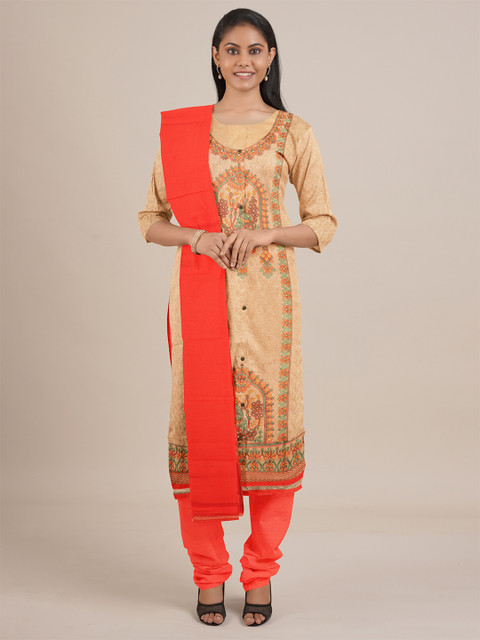 

Pothys Tan & Orange Printed Unstitched Dress Material