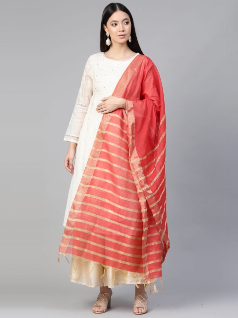 

Indo Era Red & Gold-Toned Woven Design Art Silk Dupatta