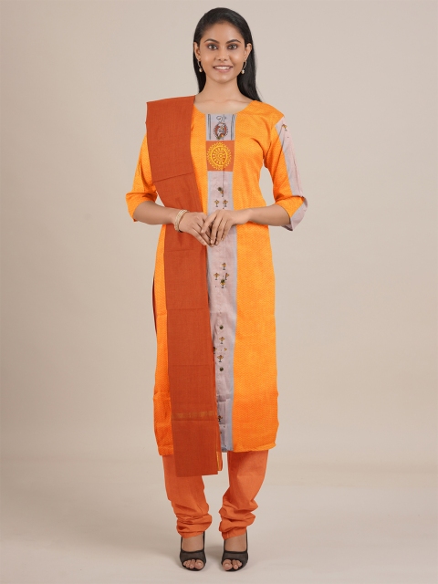 

Pothys Orange & Brown Printed Unstitched Dress Material