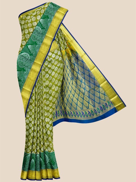 

Kalamandir Green & Blue Woven Design Zari Silk Blend Kanjeevaram Saree