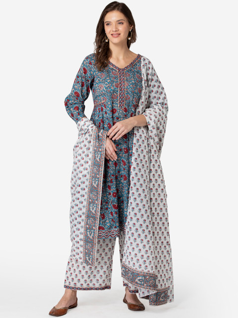 

TARA-C-TARA Women Blue Floral Printed Pure Cotton Kurta with Palazzos With Dupatta