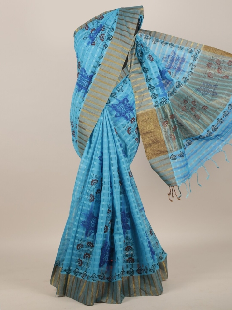 

Pothys Blue & Gold-Toned Floral Cotton Blend Saree