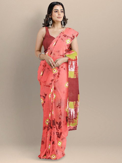

BharatSthali Peach & Green Tie and Dye Pure Cotton Saree