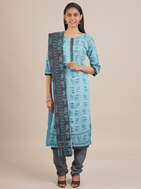 

Pothys Blue & Grey Printed Unstitched Dress Material