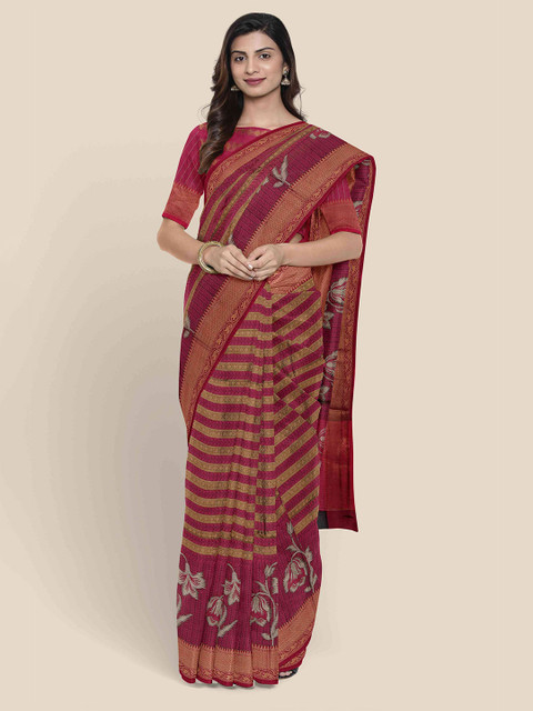 

Kalamandir Maroon Striped Silk Blend Banarasi Saree