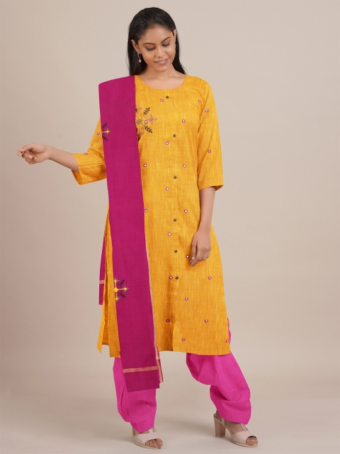 Pothys Yellow & Pink Embellished Unstitched Dress Material