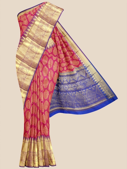

Kalamandir Pink & Blue Ethnic Motifs Zari Silk Blend Banarasi Saree