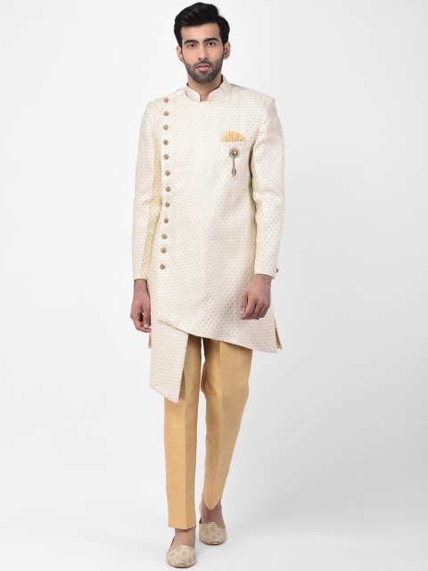 

SG RAJASAHAB Men Cream & Gold Coloured Brocade Silk Sherwani Set