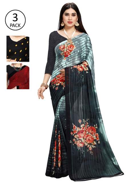 

KALINI Pack Of 3 Maroon & Grey Floral Poly Georgette Saree