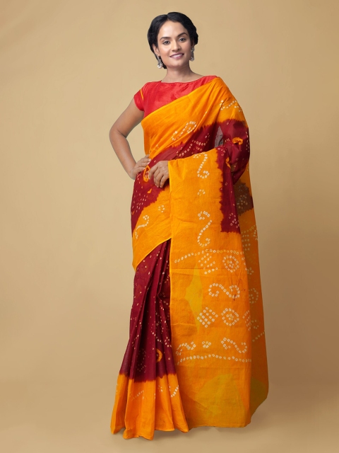 

Unnati Silks Maroon & Orange Bandhani Pure Cotton Handloom Bandhani Saree