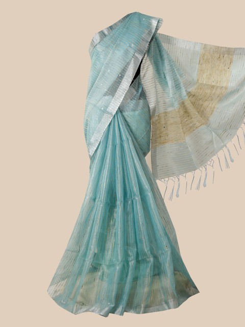 

Pothys Blue & Silver-Toned Striped Tissue Saree