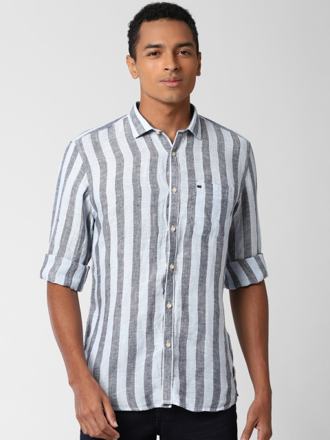 

Peter England Casuals Men Grey & White Striped Pure Lenin Casual Shirt