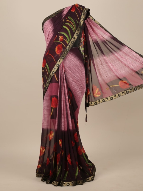 

Pothys Pink & Maroon Floral Poly Chiffon Saree