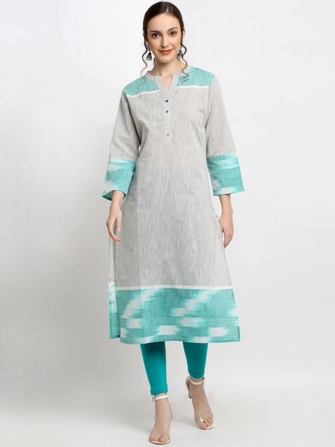 

DIVA WALK Women Grey & Turquoise Blue Colourblocked Indie Prints Handloom Kurta