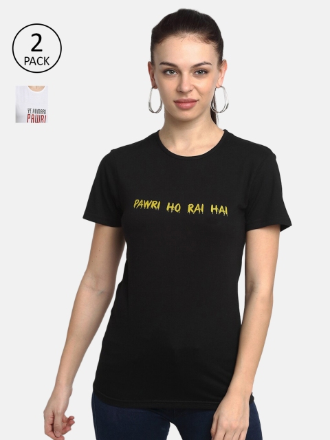 

VIMAL JONNEY Women Black & White Pack of 2 Typography Printed T-shirt