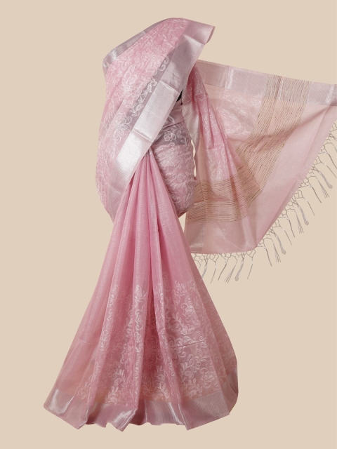 

Pothys Pink & Silver-Toned Floral Zari Tissue Saree