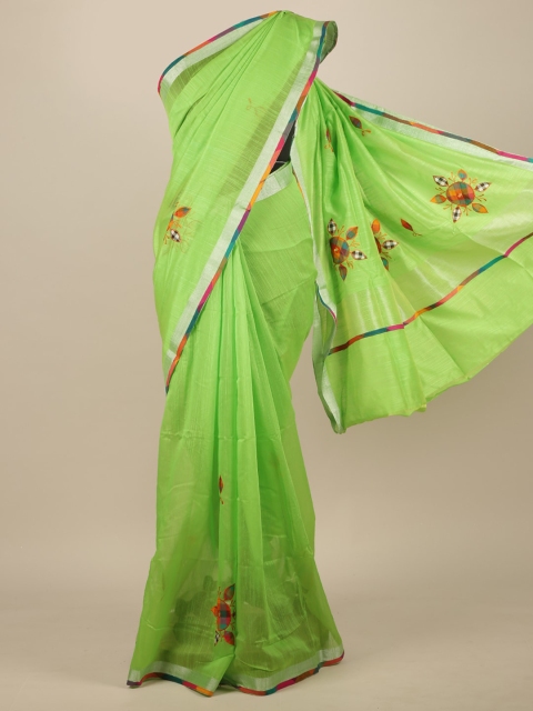 

Pothys Green & Silver-Toned Floral Patchwork Saree